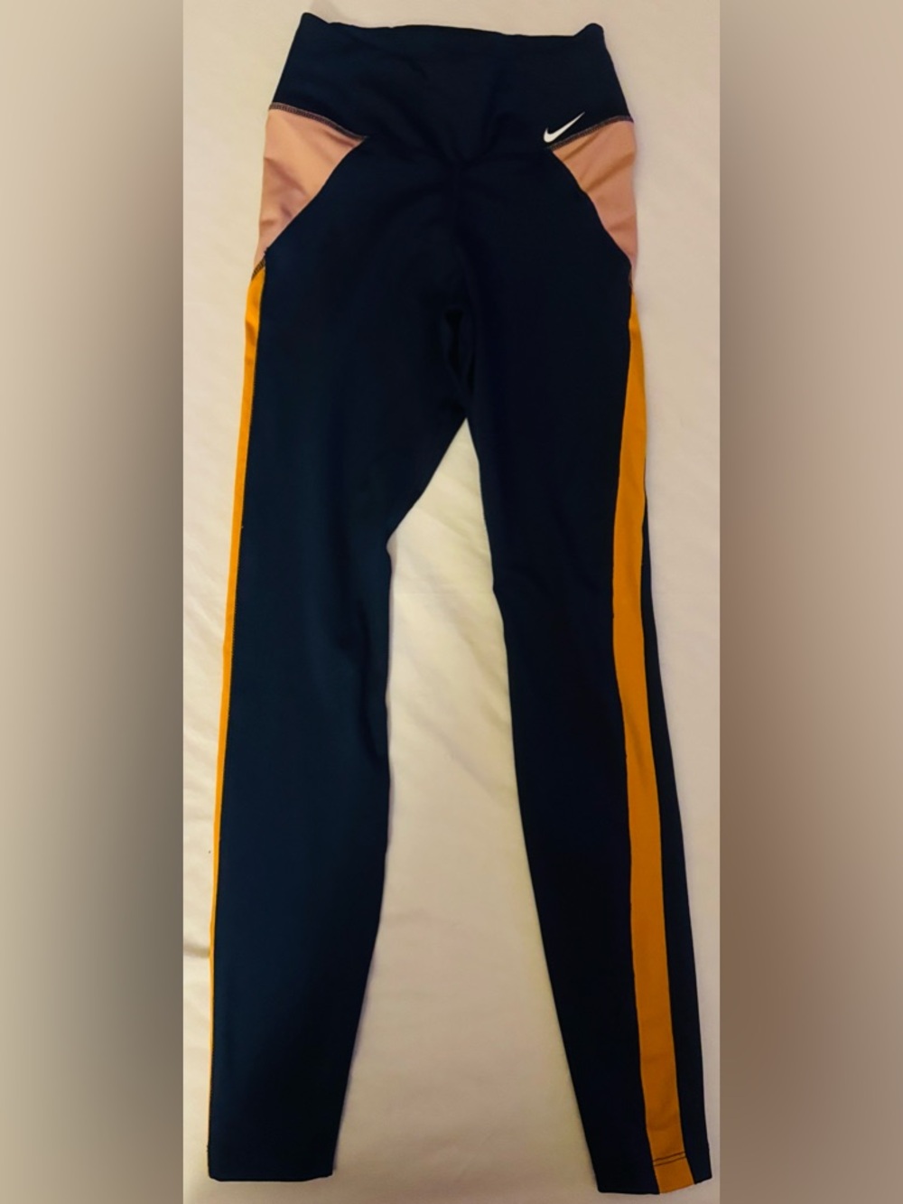 Nike Navy Dri Fit Leggings with Yellow Side Stripe and Pink Accent